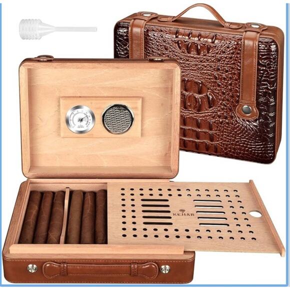 Cigar Humidor Box Cigar Lighter Cedar Wood Lined Leather Cigar Case Built in Hyg - Picture 1 of 6